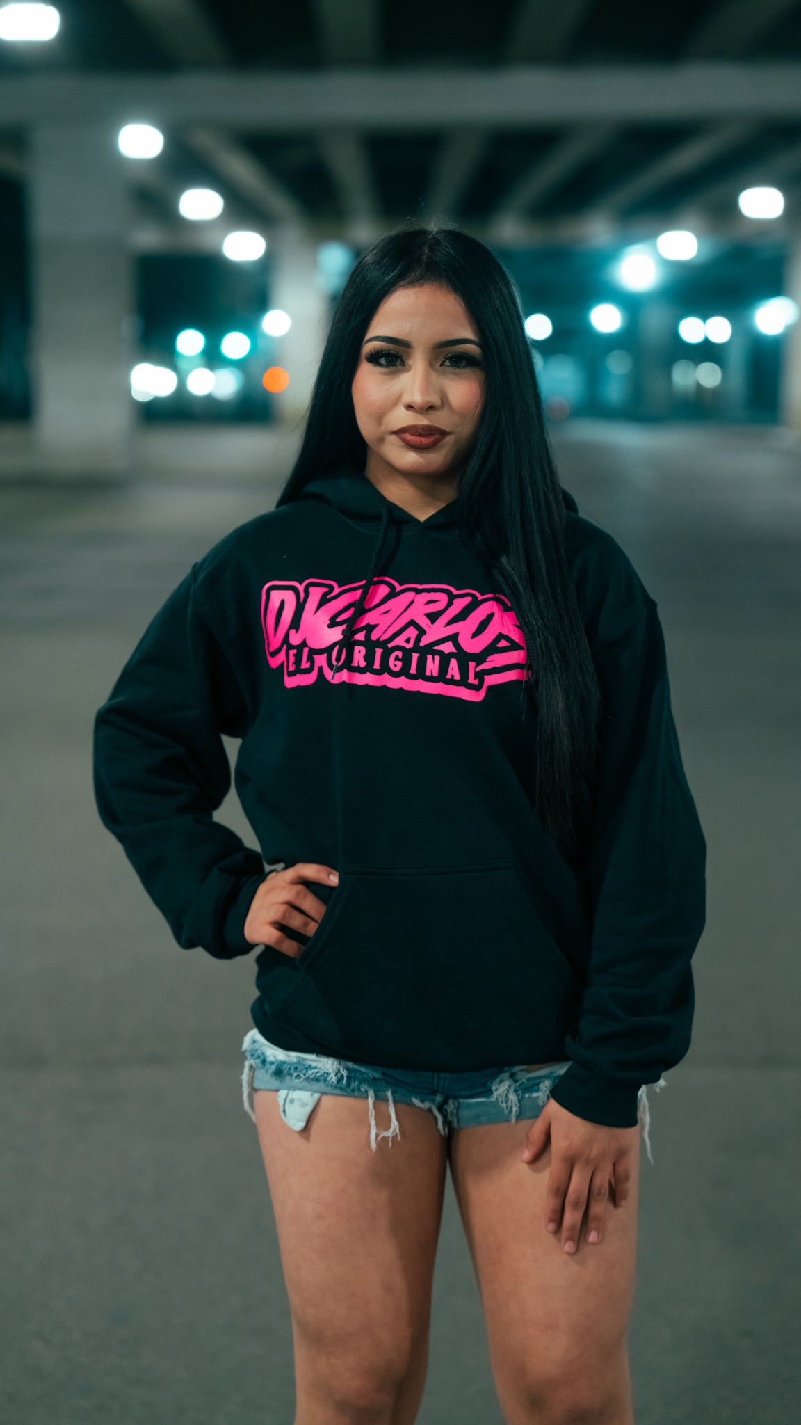 BLACK HOODIE W/ PINK REFLECTIVE LOGO