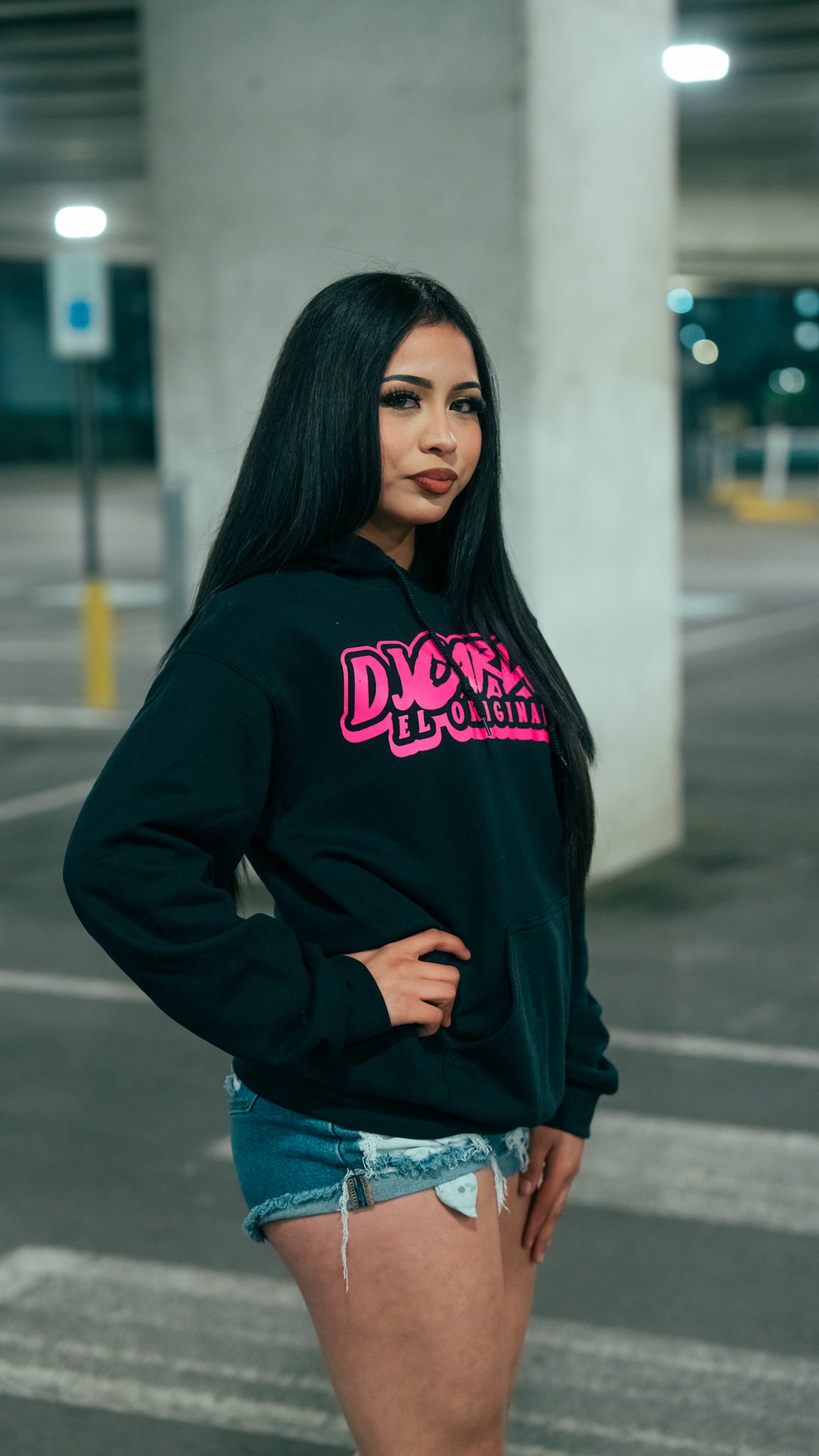 BLACK HOODIE W/ PINK REFLECTIVE LOGO